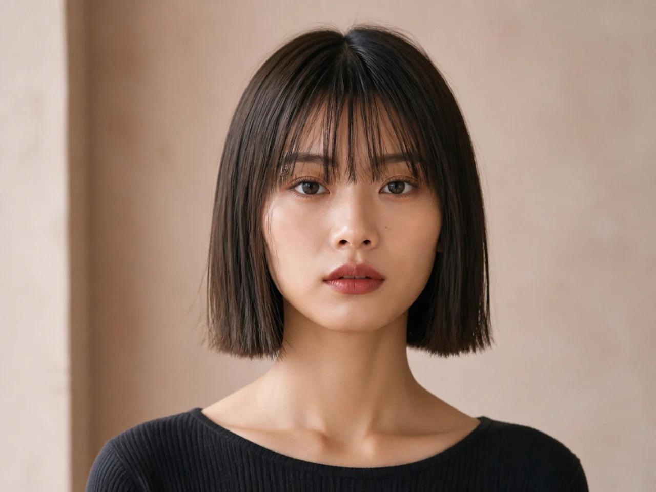 A bob dried straight rather than curved inward