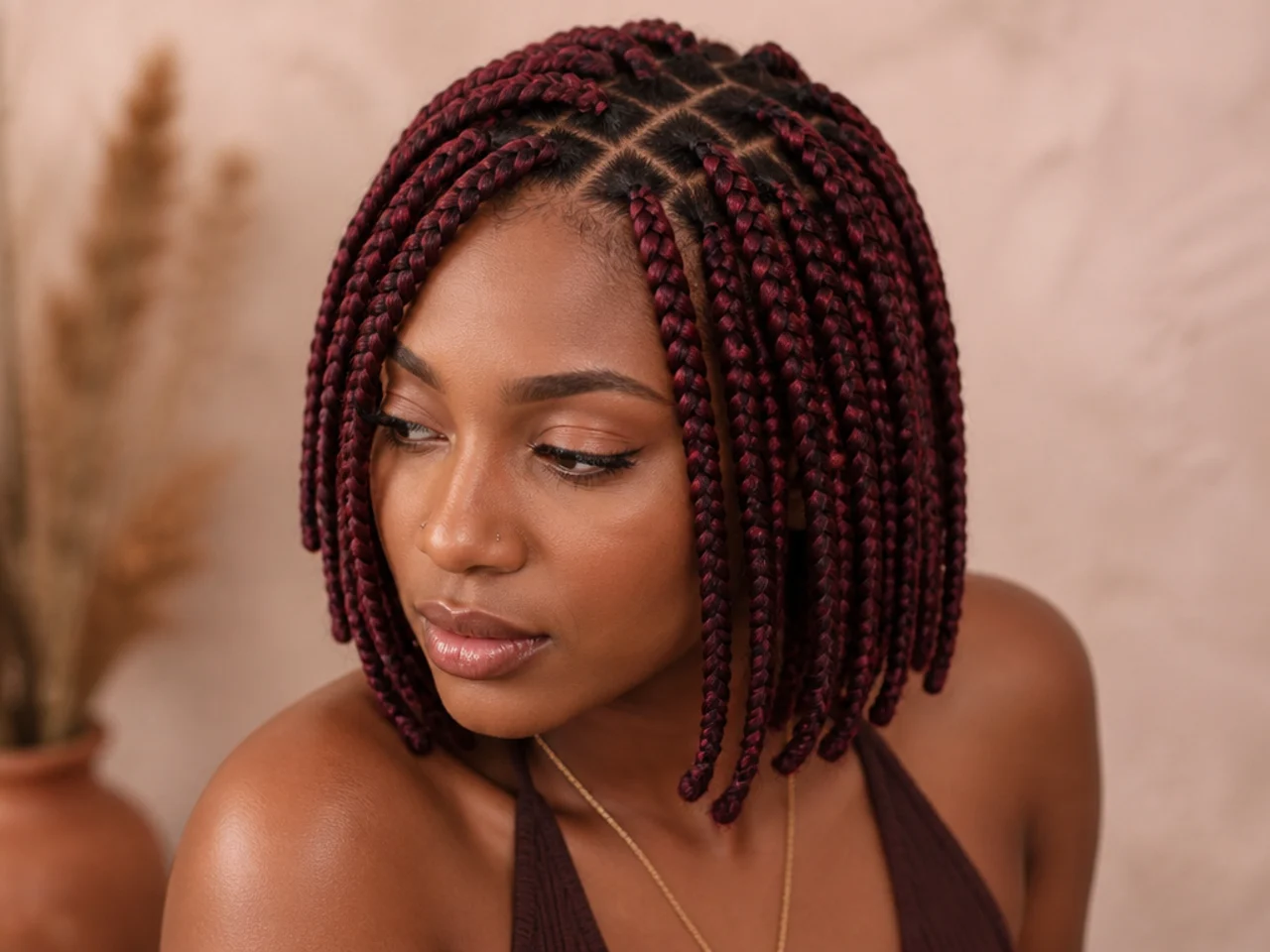 Burgundy short knotless braids