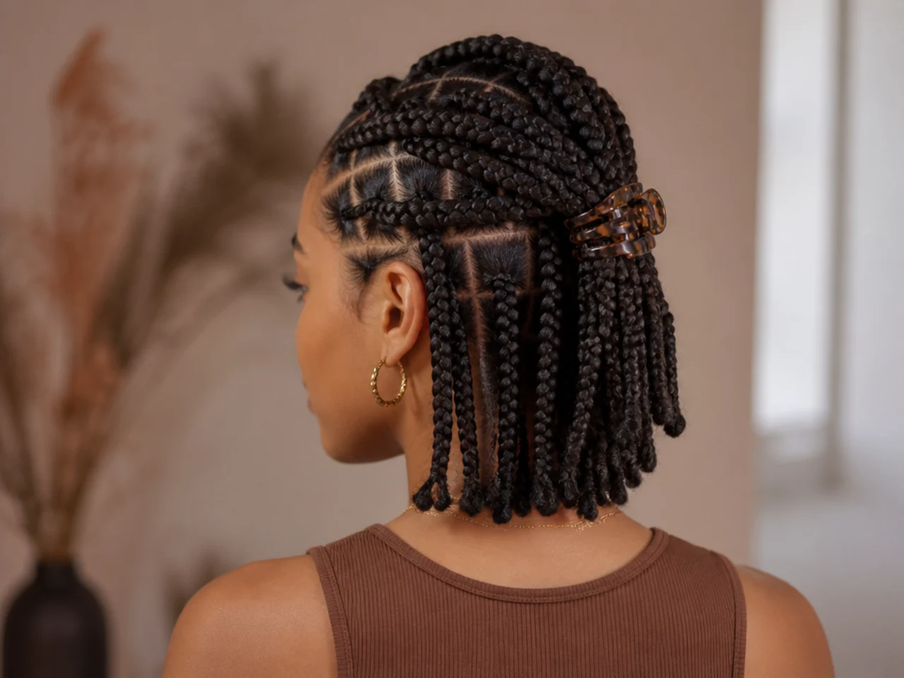 Short braids gathered half up with a clip