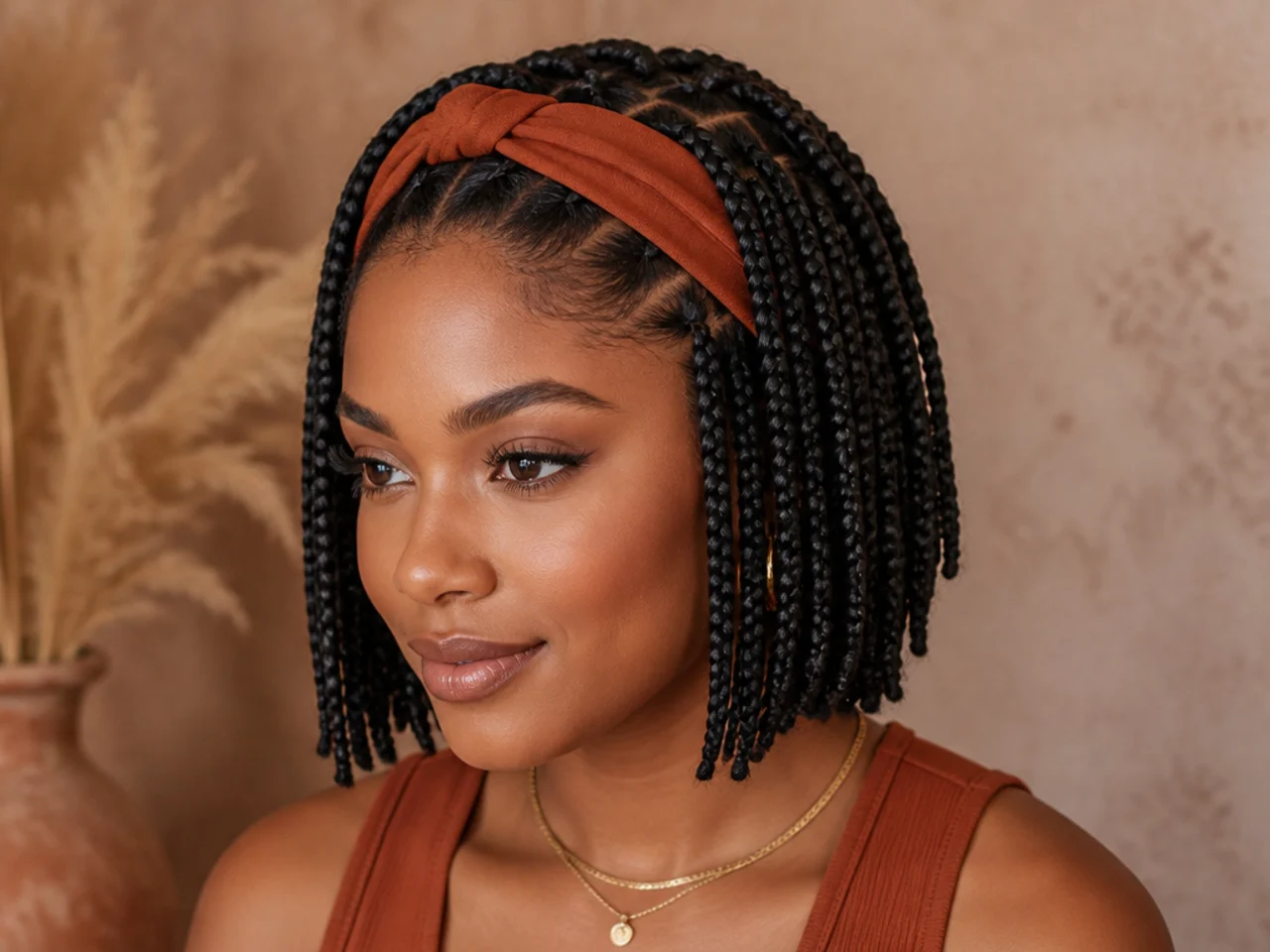 Short braids worn with a headband