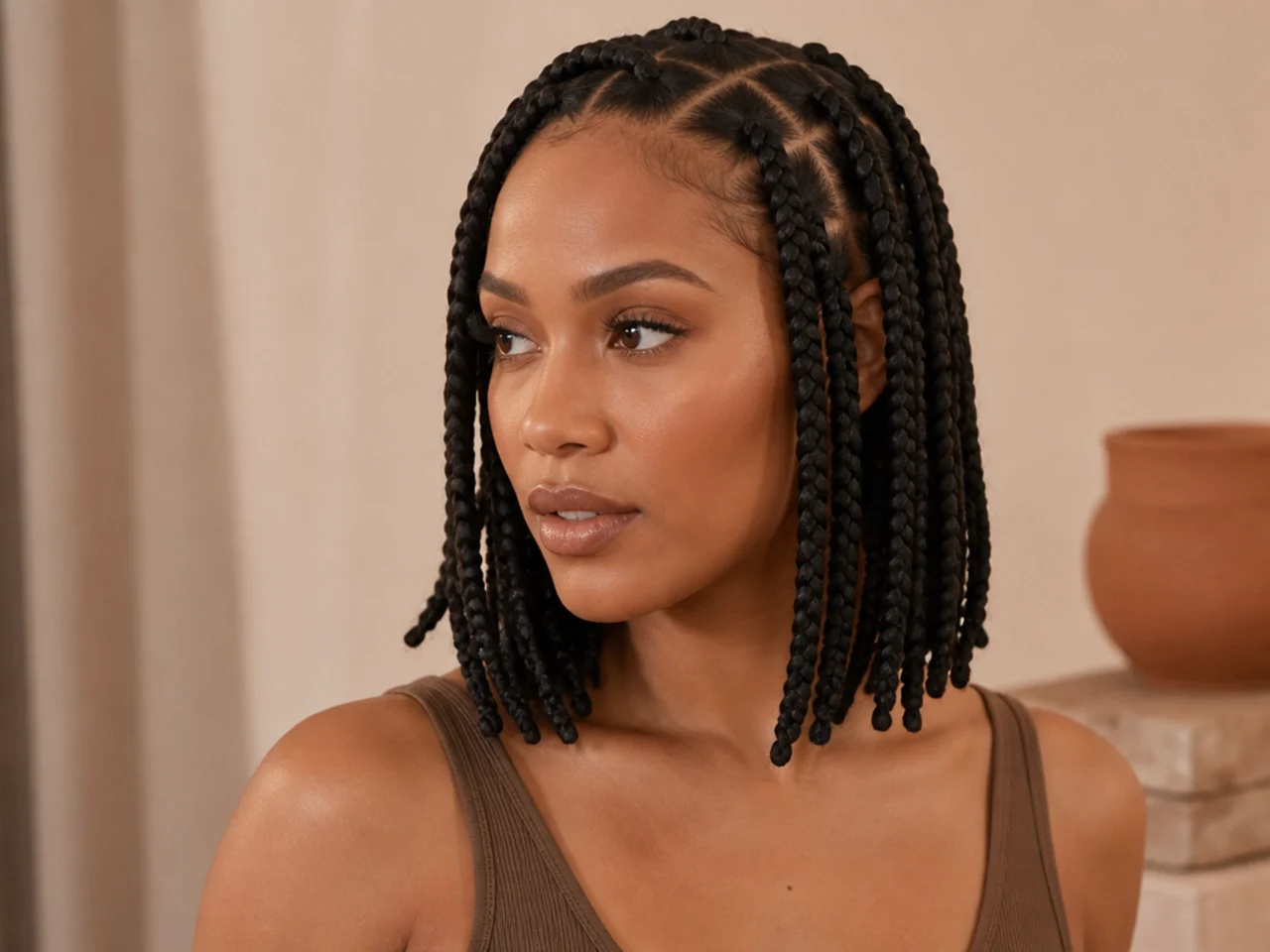 Collarbone-length large knotless braids