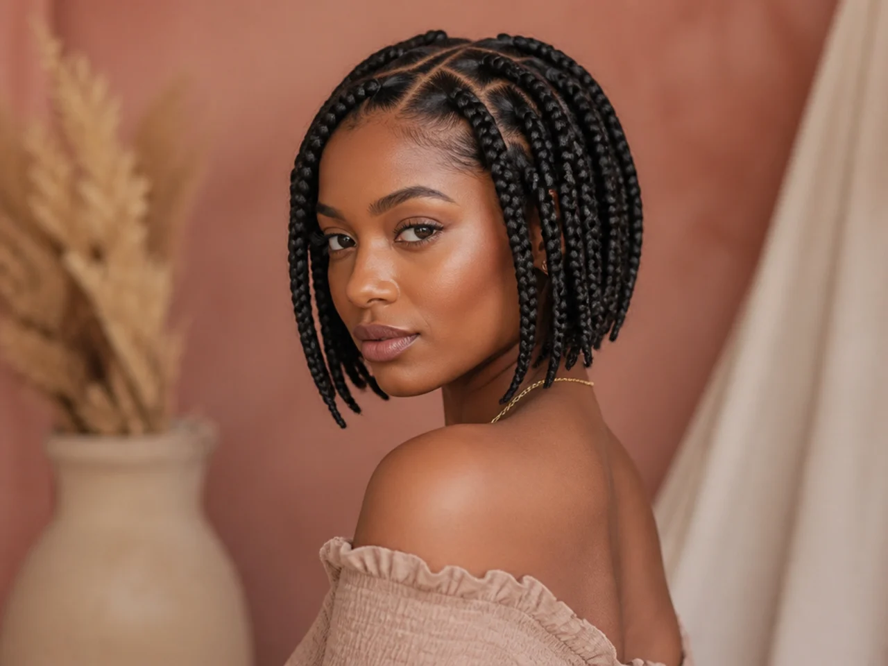 Three-quarter view of finished short knotless braids