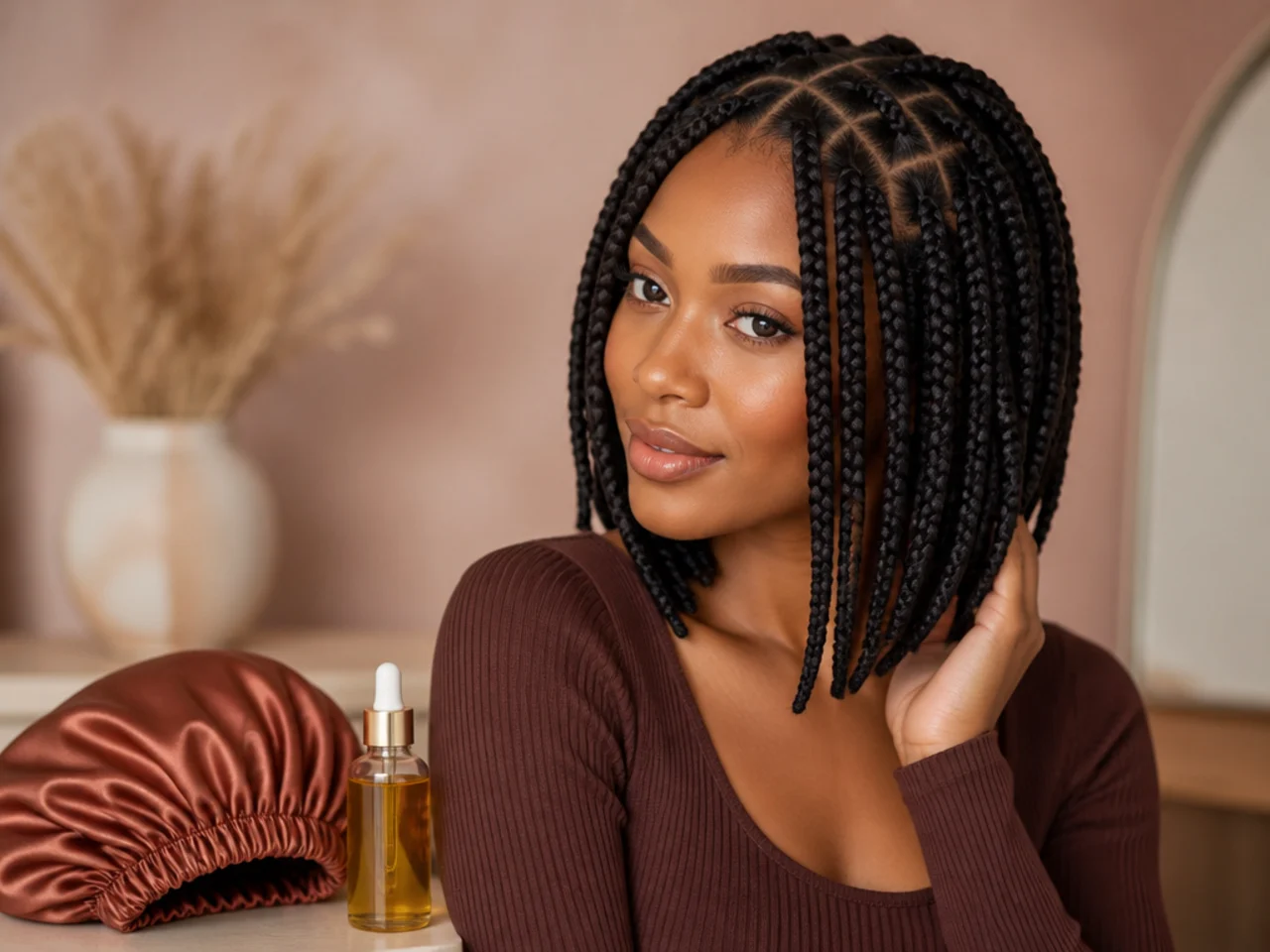 A satin bonnet laid out beside scalp oil