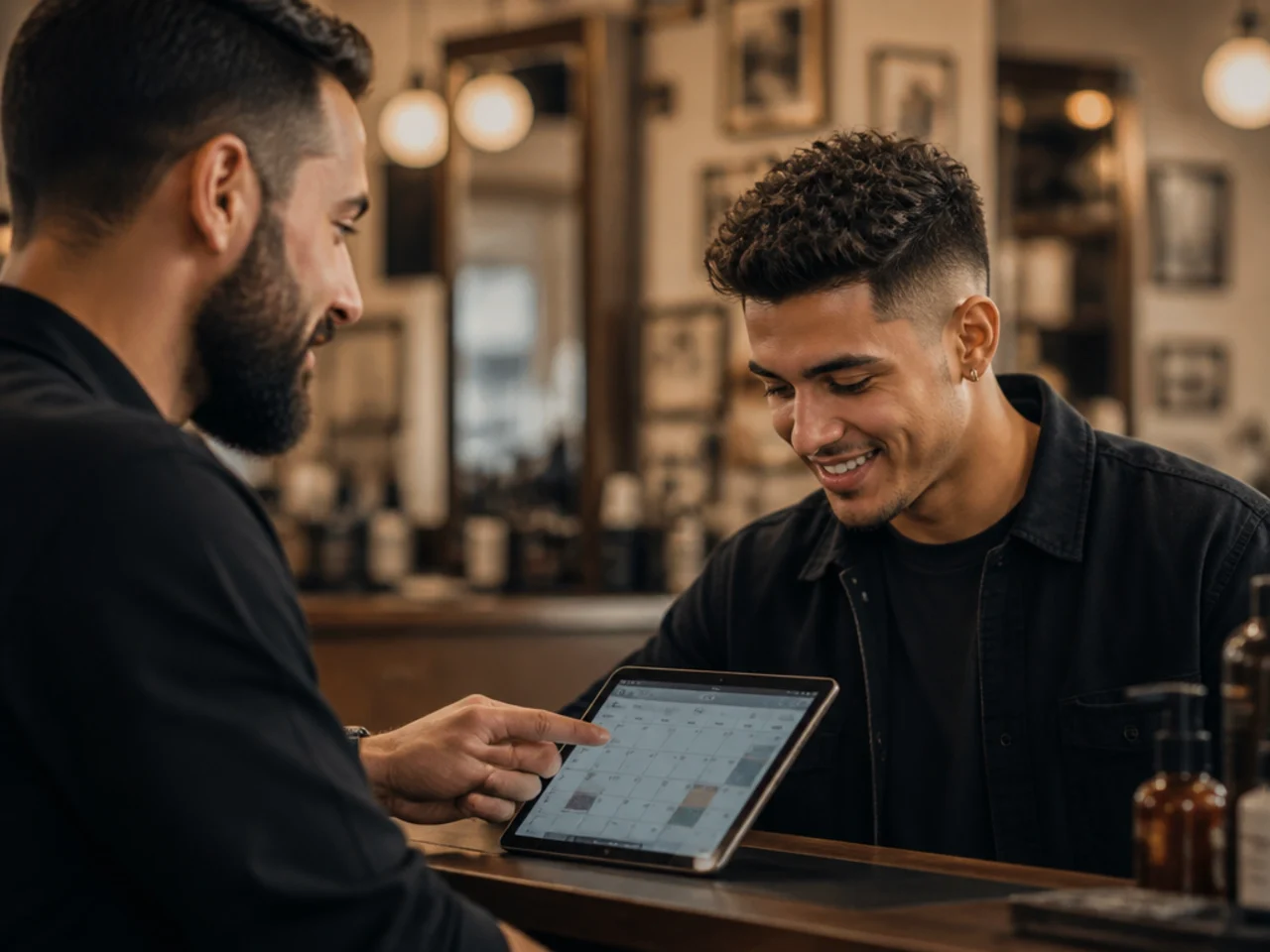 Barber and client scheduling the next appointment at the counter after a short haircut