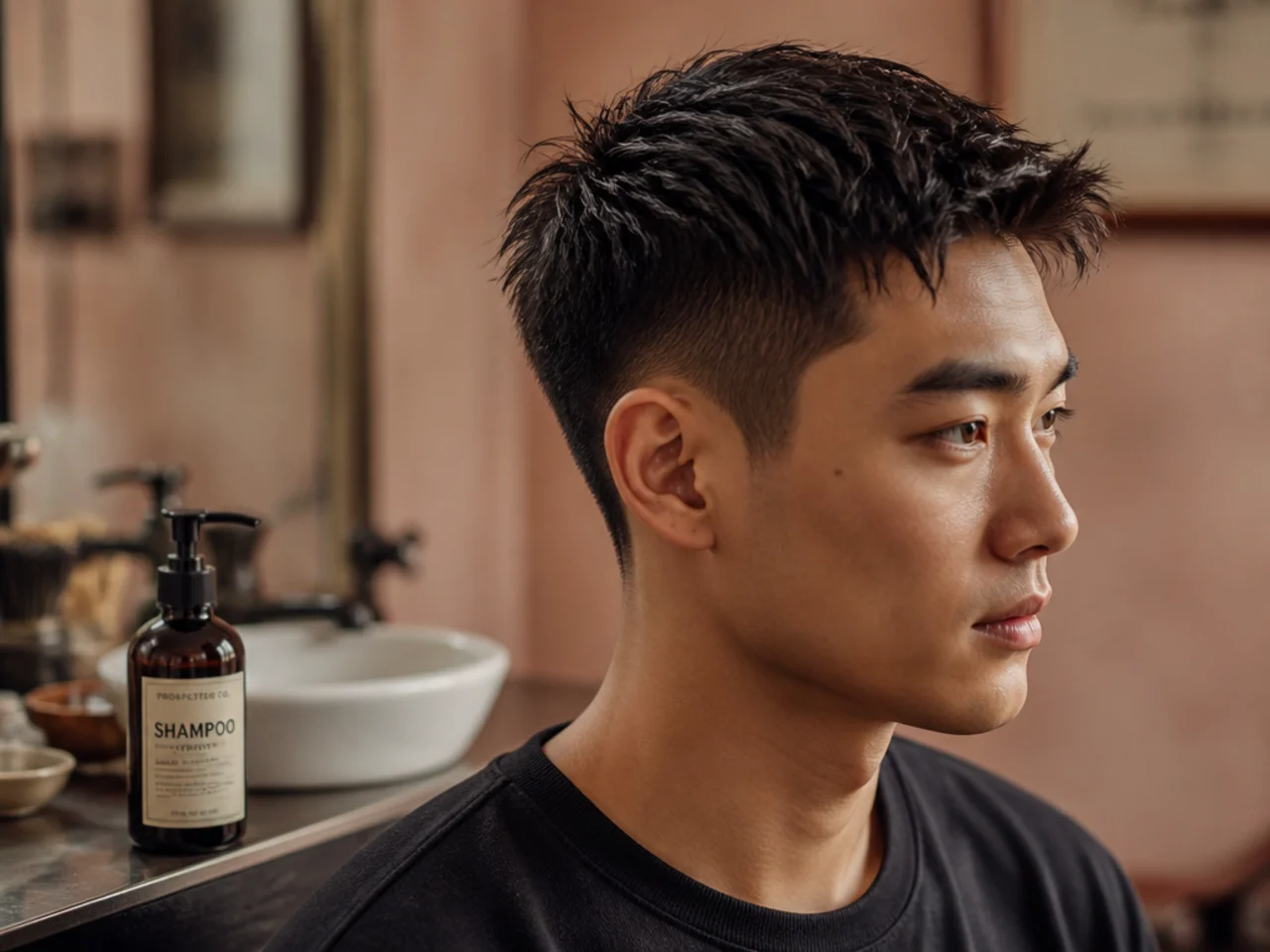 Sulfate-free shampoo bottle beside a short haircut in a warm-lit bathroom
