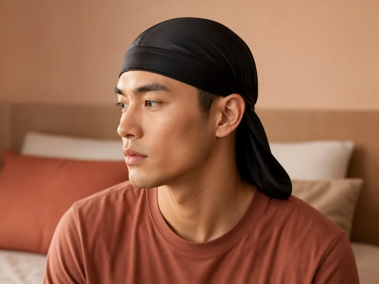 Silk pillowcase on a bed beside a folded workout beanie — sleep and sweat protection for a fresh short haircut