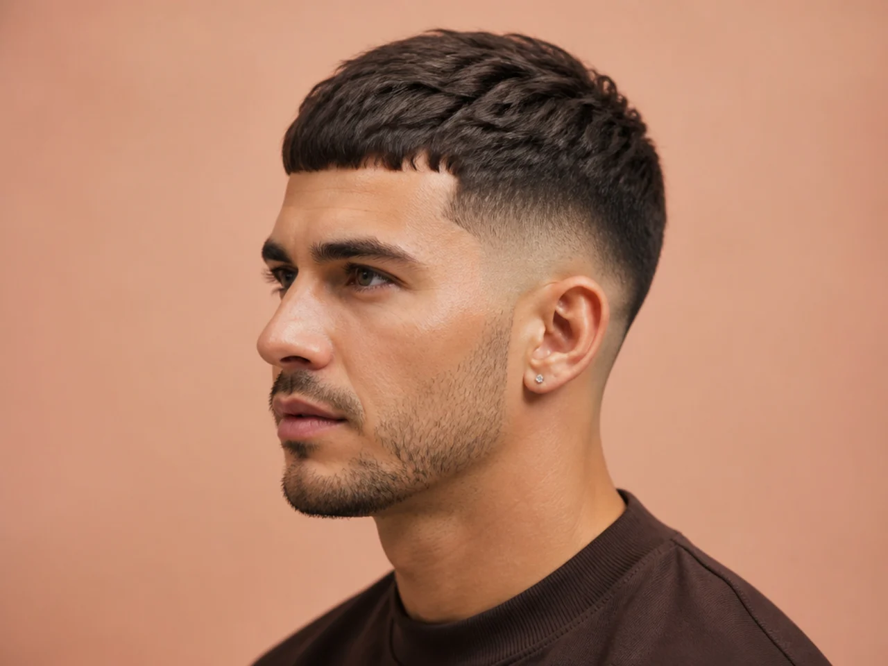 Short French crop low fade with blunt forward fringe on straight dark hair