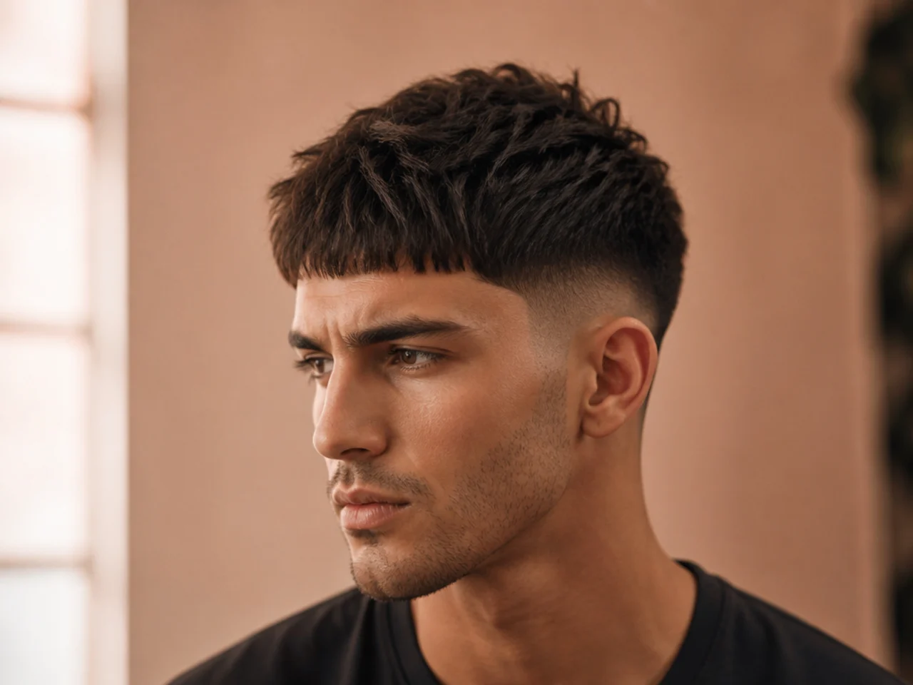 Textured French crop low fade with piecey fringe on wavy hair