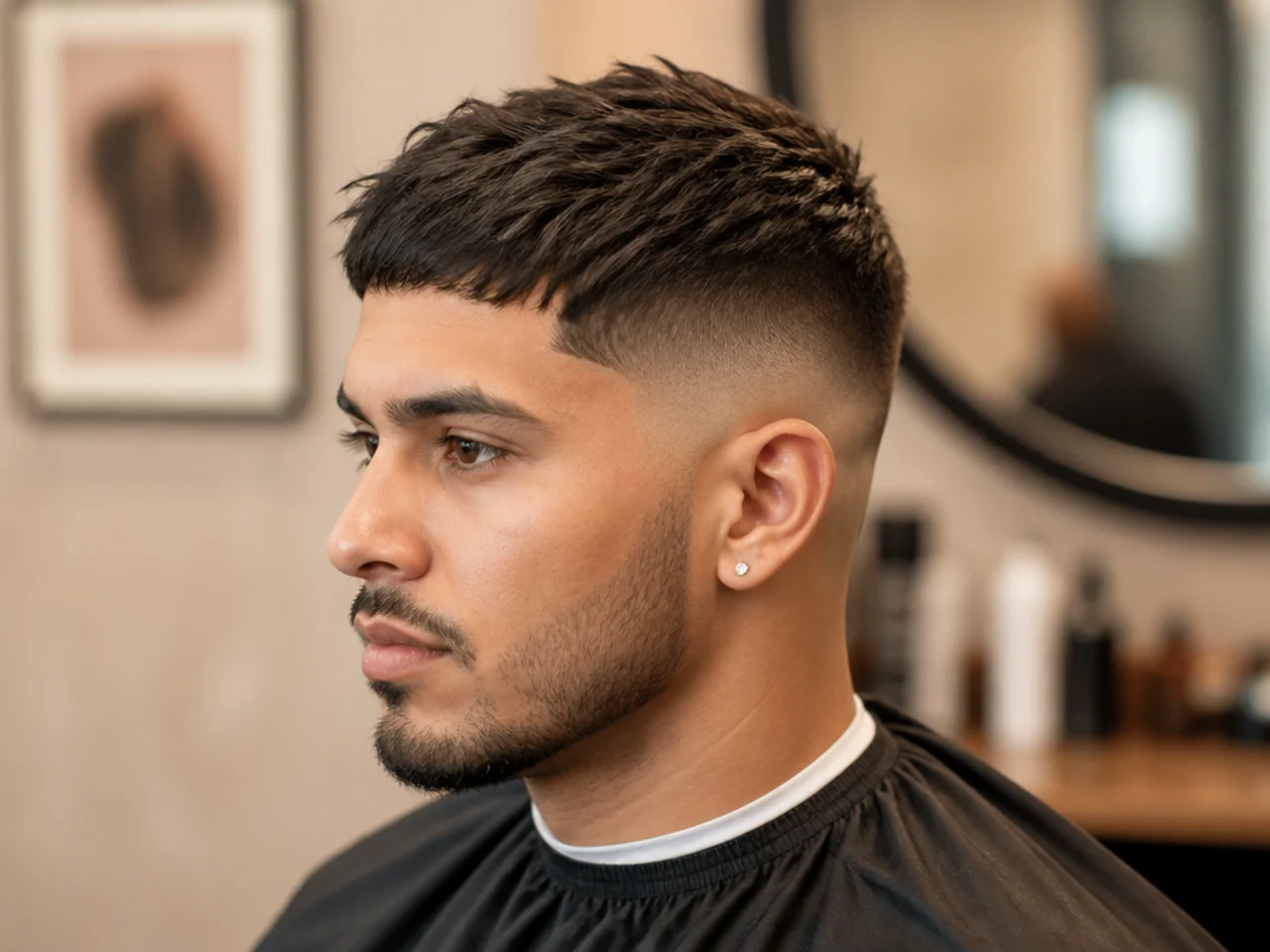 Short textured crop low fade with piecey top on wavy hair