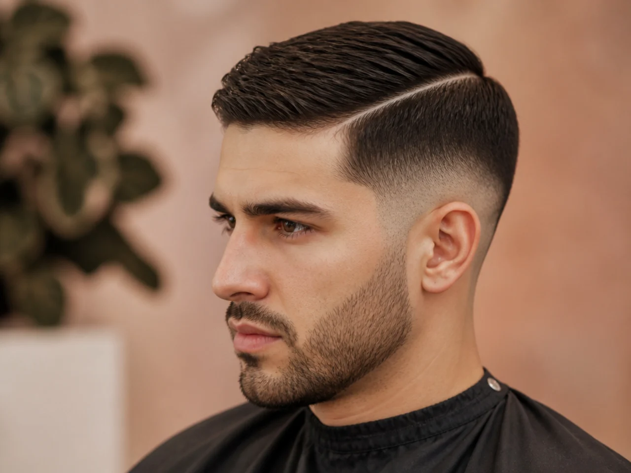 Short side part low fade with one-inch top combed to the side