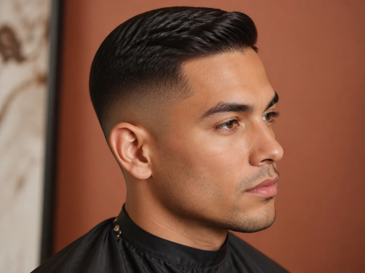 Short comb over low fade with 1.25-inch top swept across on straight hair