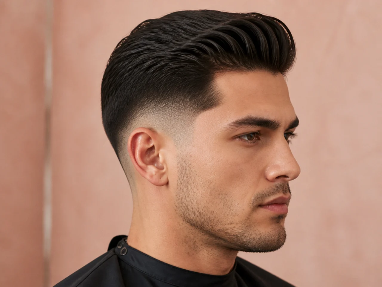 Short pomp low fade with mini pompadour height on straight dark hair