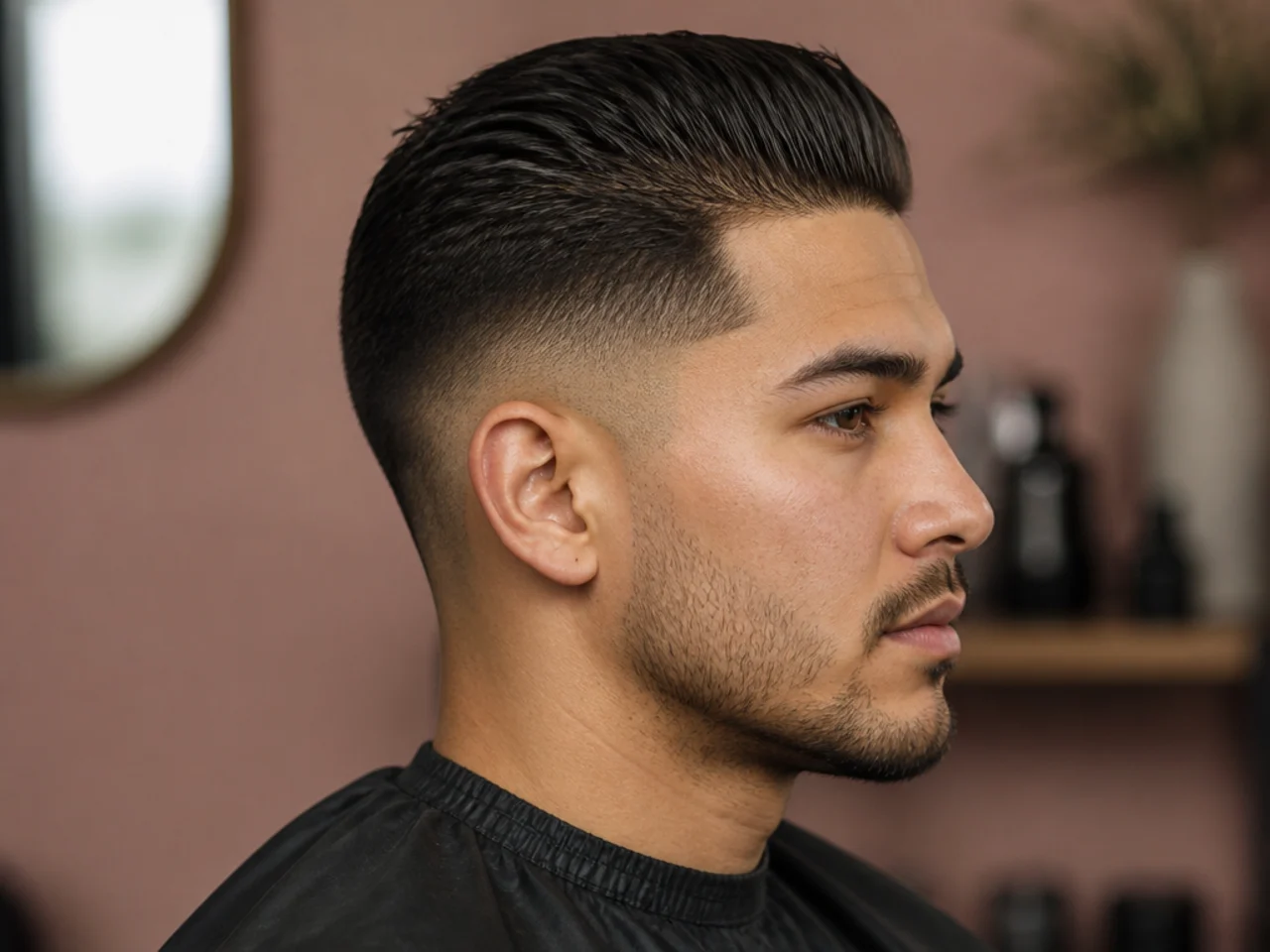 Short slick back low fade with 1.5-inch top on straight hair