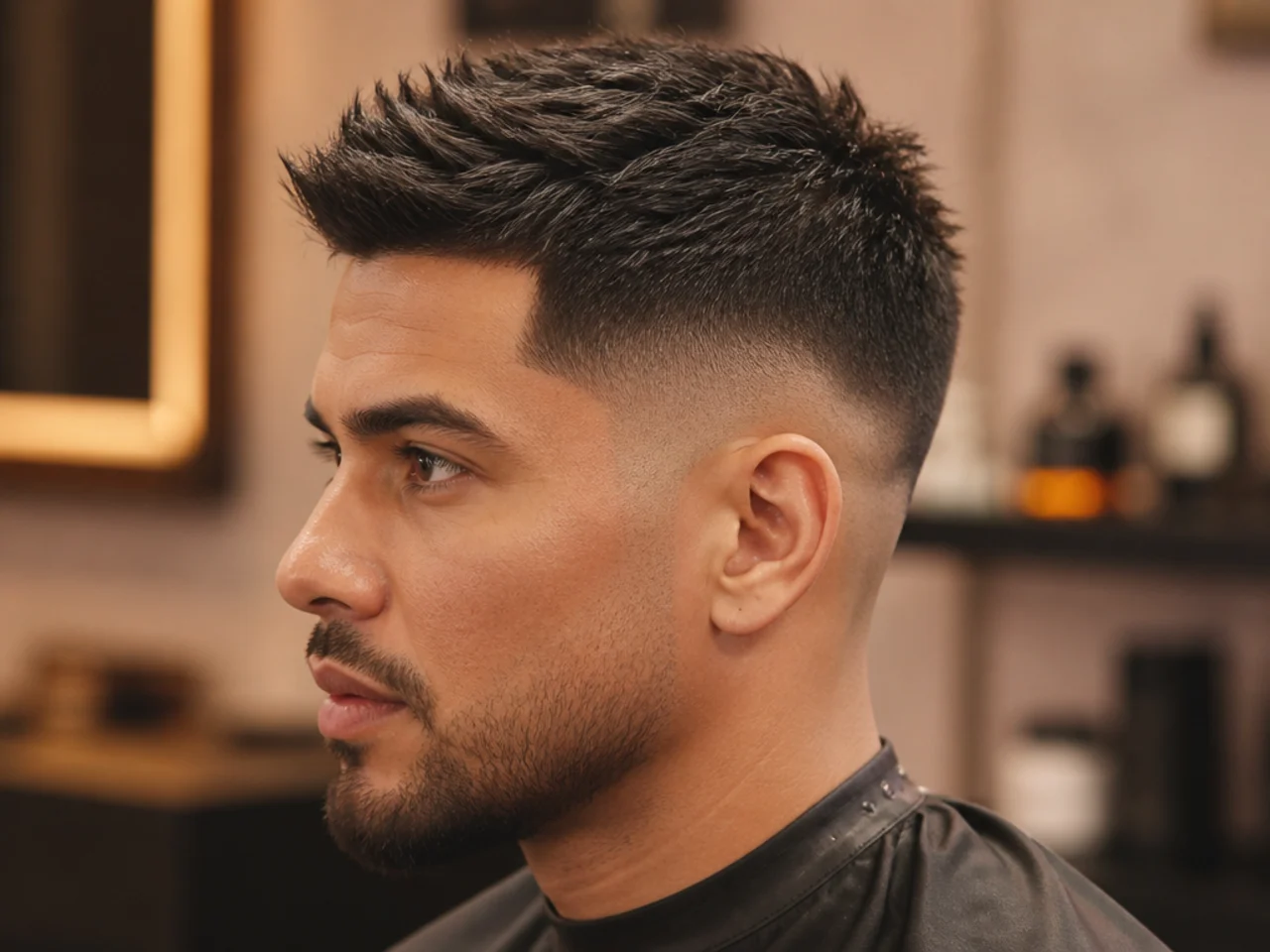 Short spiky low fade with textured spikes on straight hair