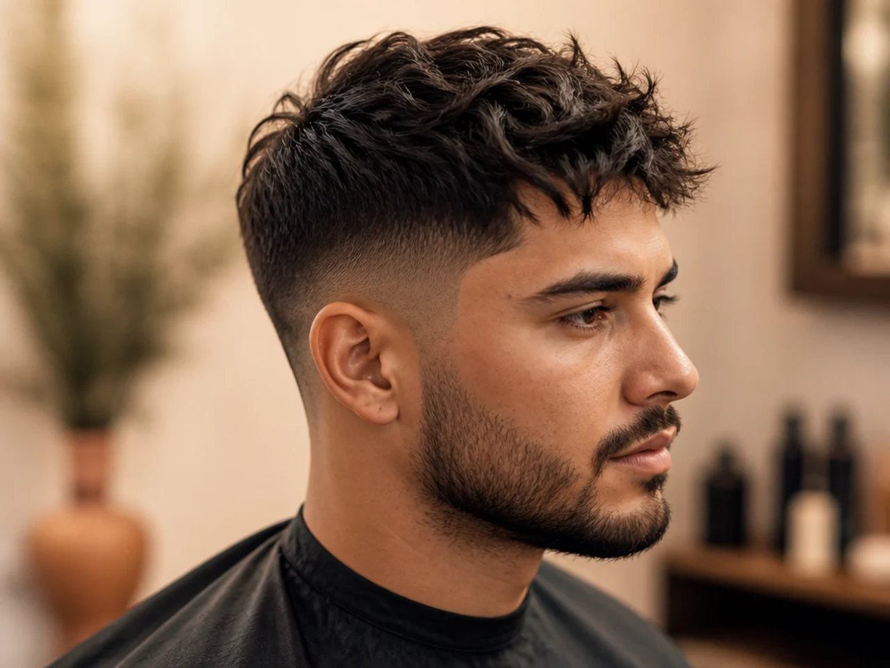 Short messy top low fade with bedhead texture on wavy hair