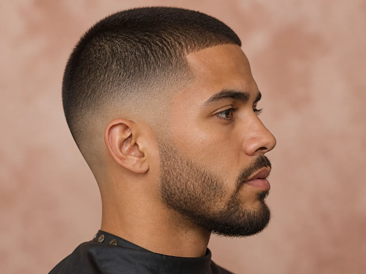 Low skin fade with buzz top blended through multiple guards