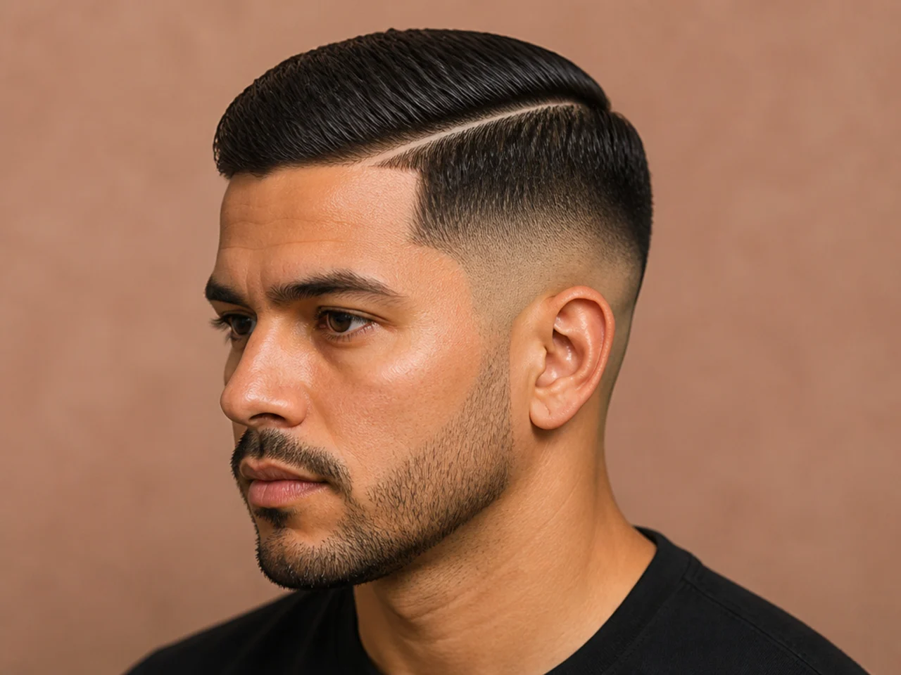 Low fade with hard part and short one-inch top combed across