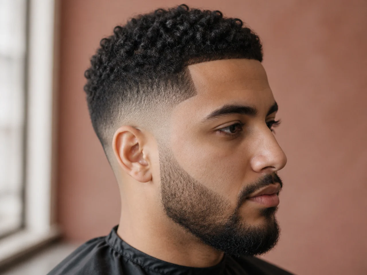 Low fade with line up and short coily top on a Black man