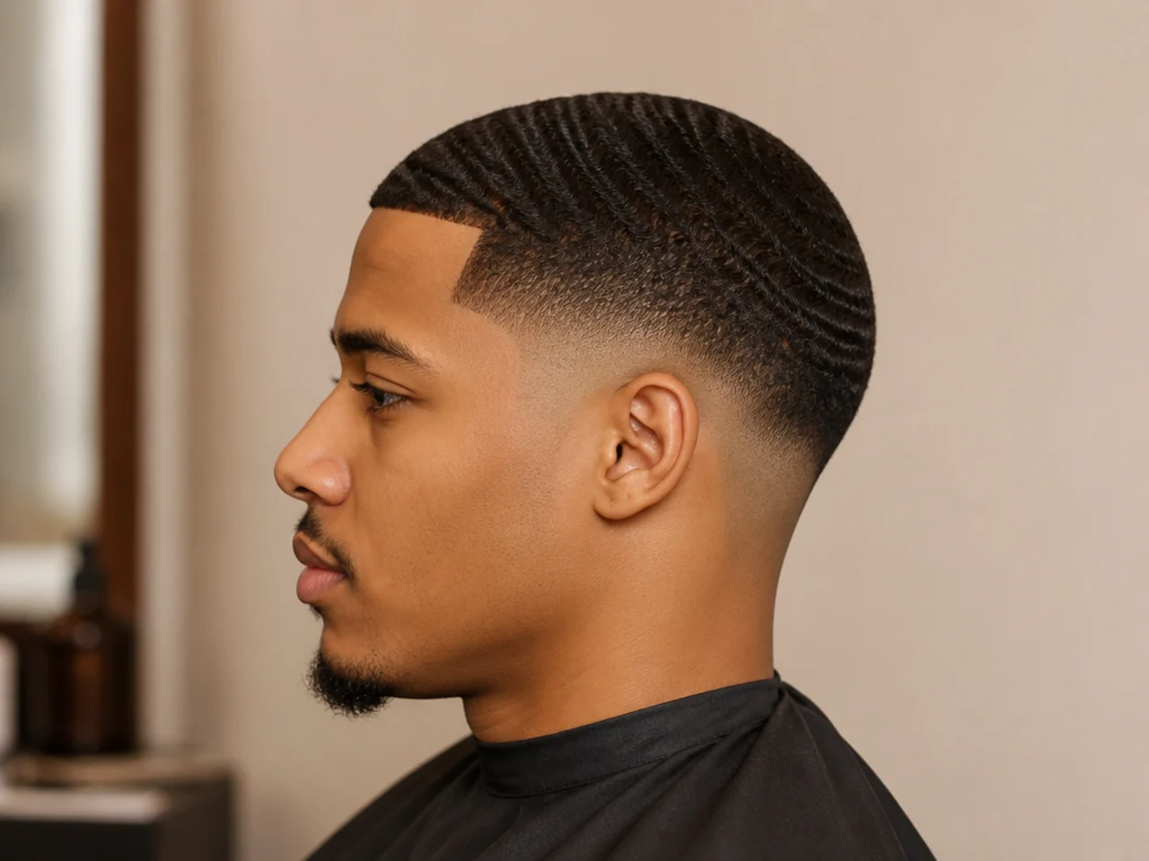 Low fade with 360 waves pattern on trained coily top