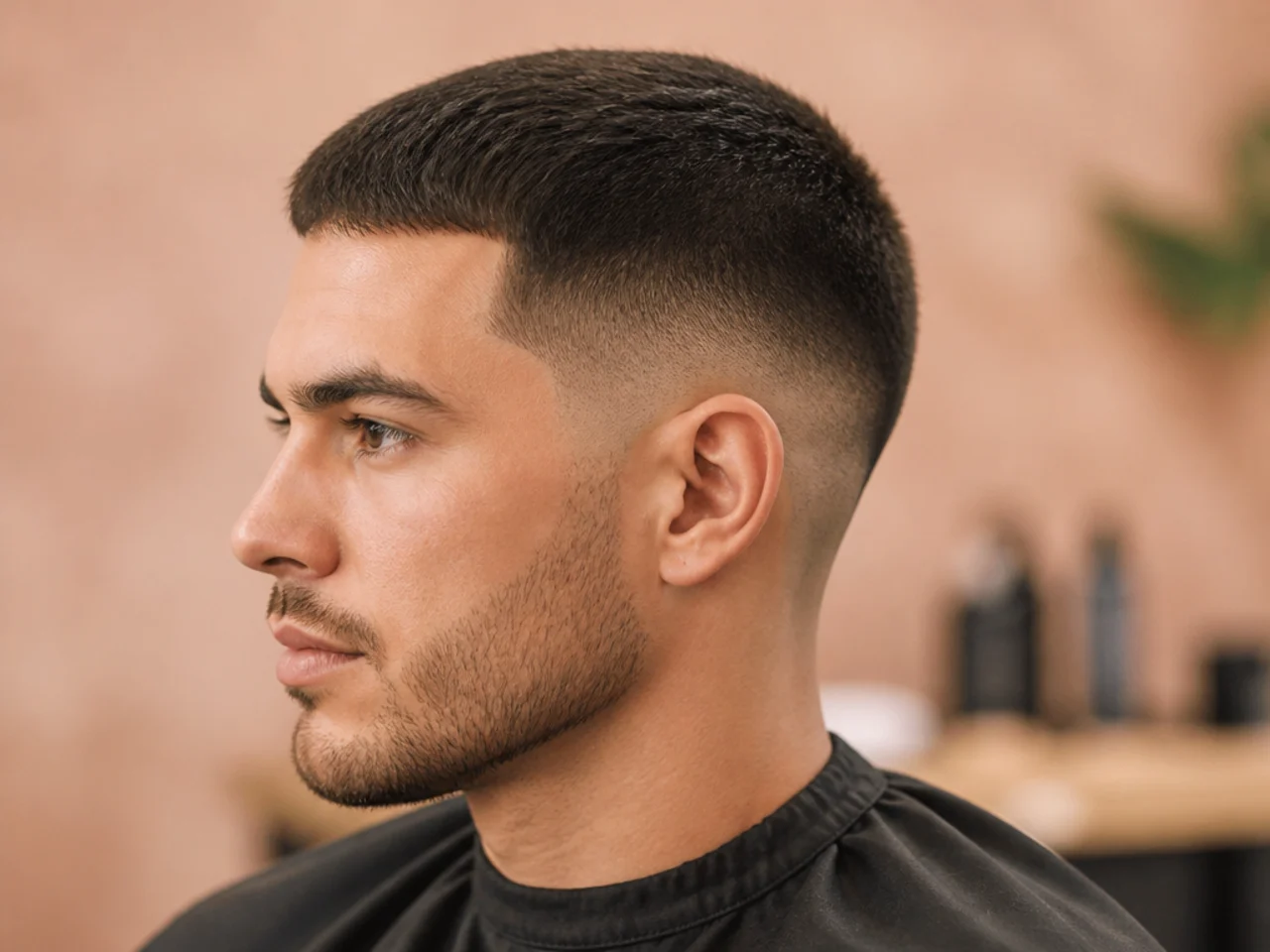 Low drop fade with short crew top sculpted arc behind the ear