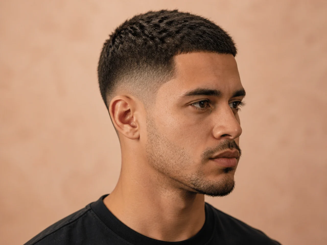 Short crew cut with half-inch top and low fade on straight hair