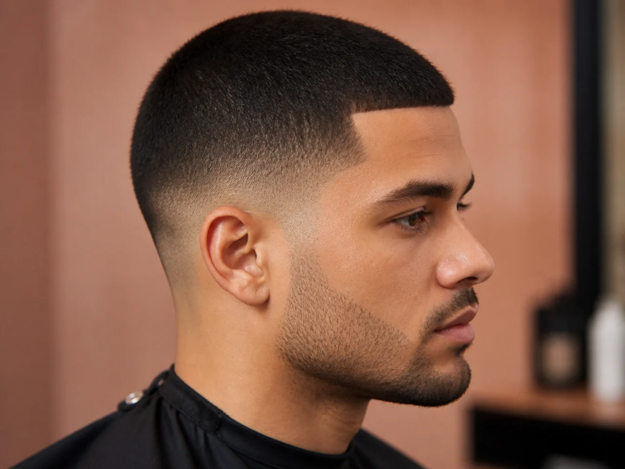Butch cut with three-eighths inch top and clean low fade