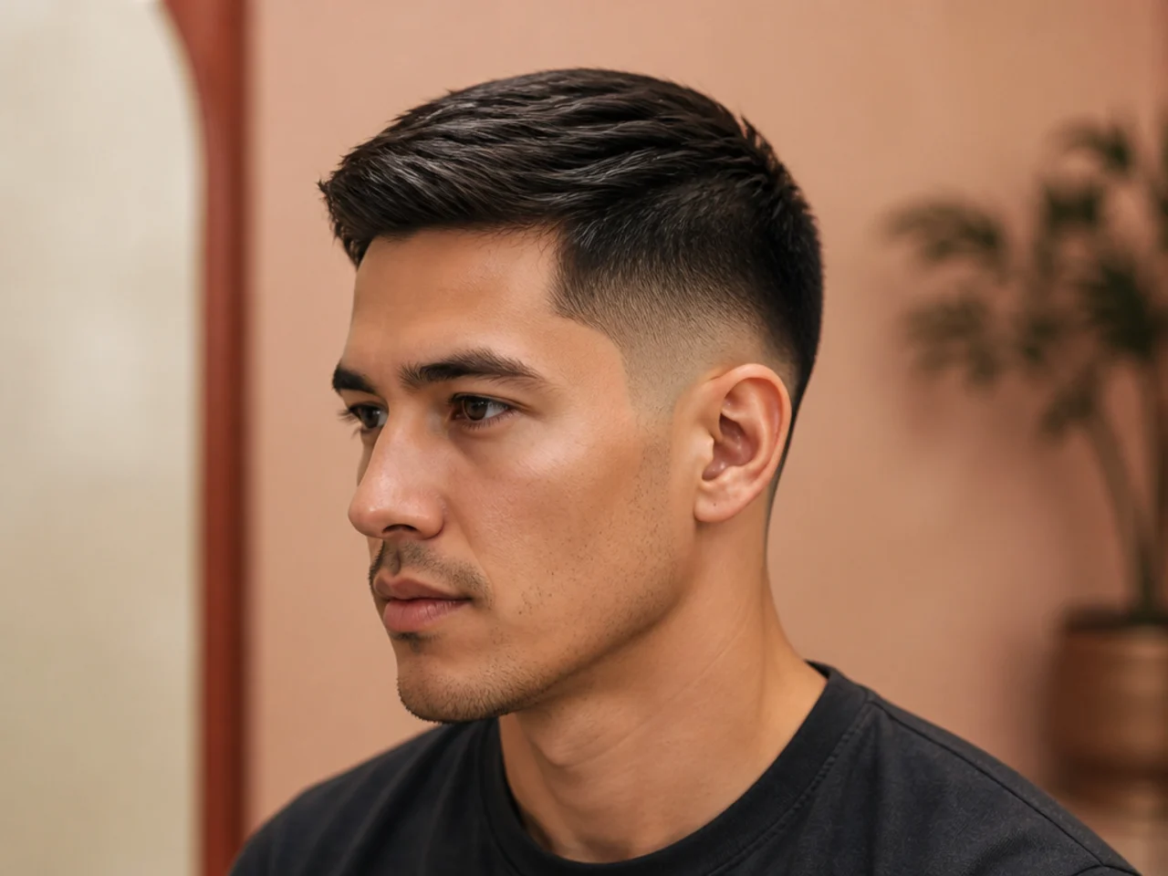 Short Ivy League low fade with three-quarter inch top and side part on a professional man