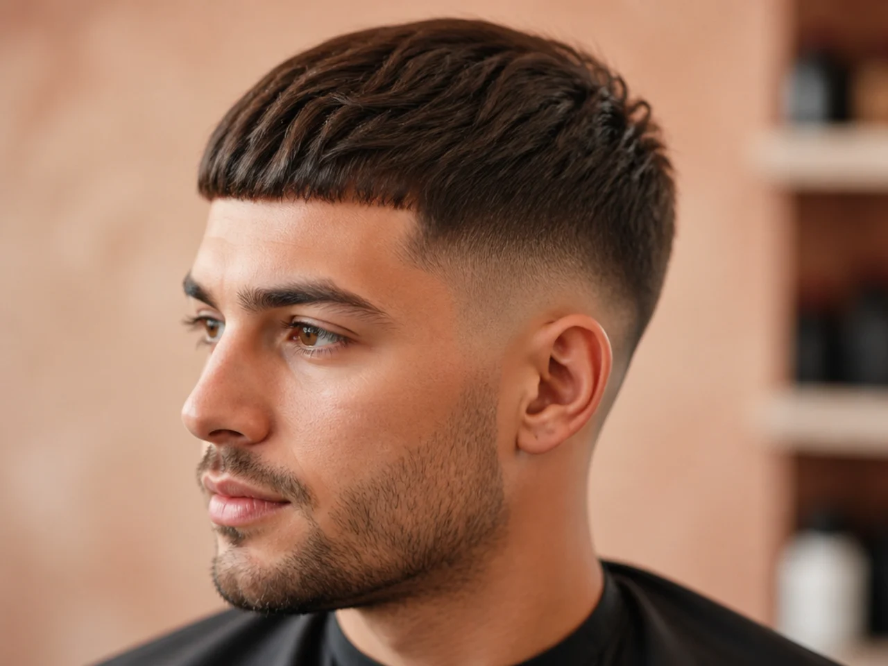 Classic Caesar low fade with blunt short fringe on straight dark hair