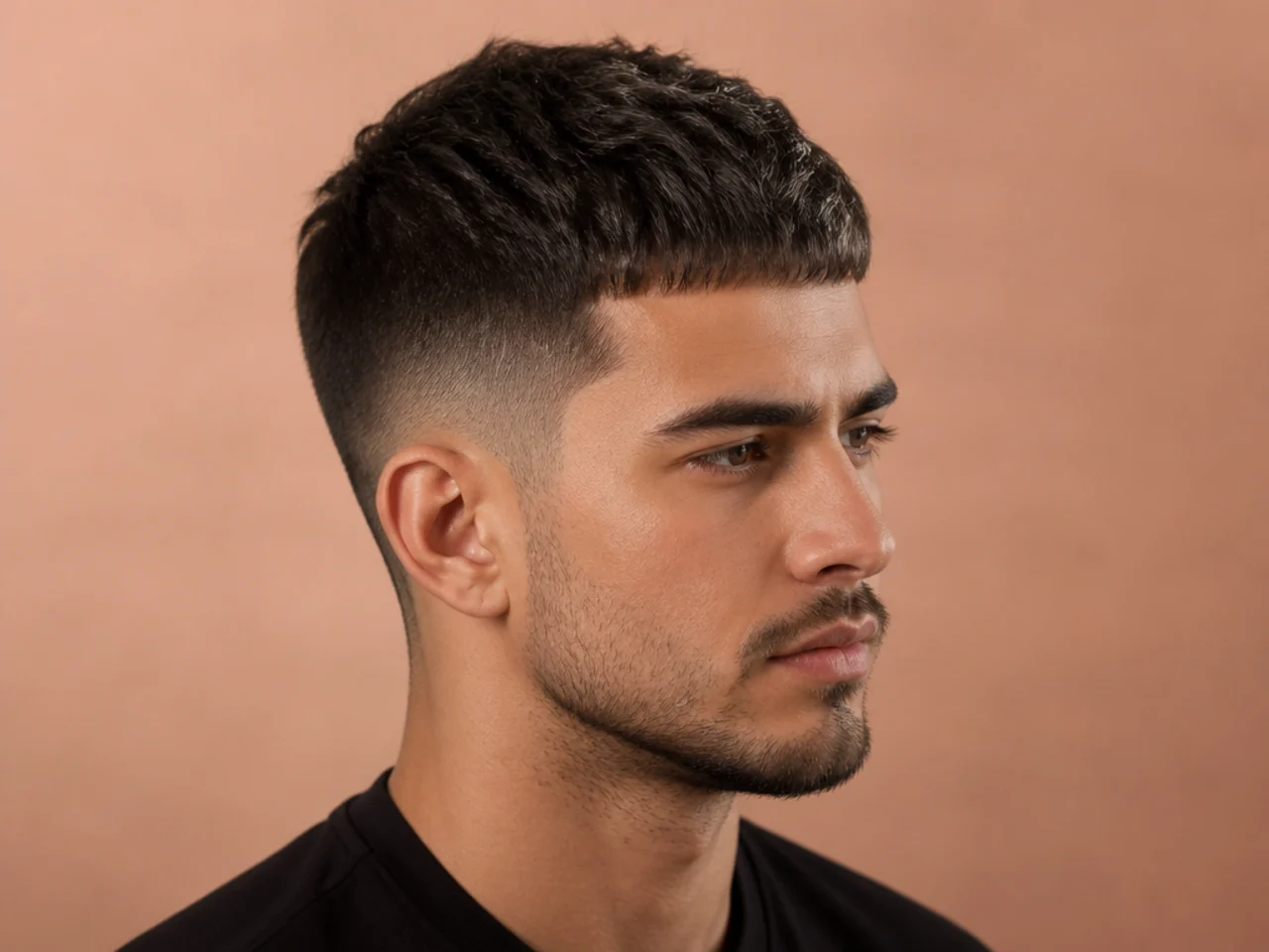 Modern Caesar low fade with piecey point-cut fringe on wavy hair