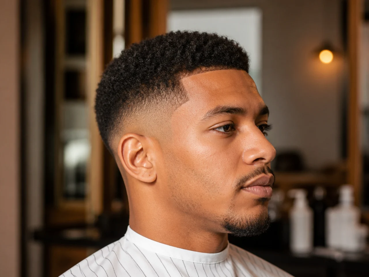 Man showing a barber a reference photo of a short low fade haircut