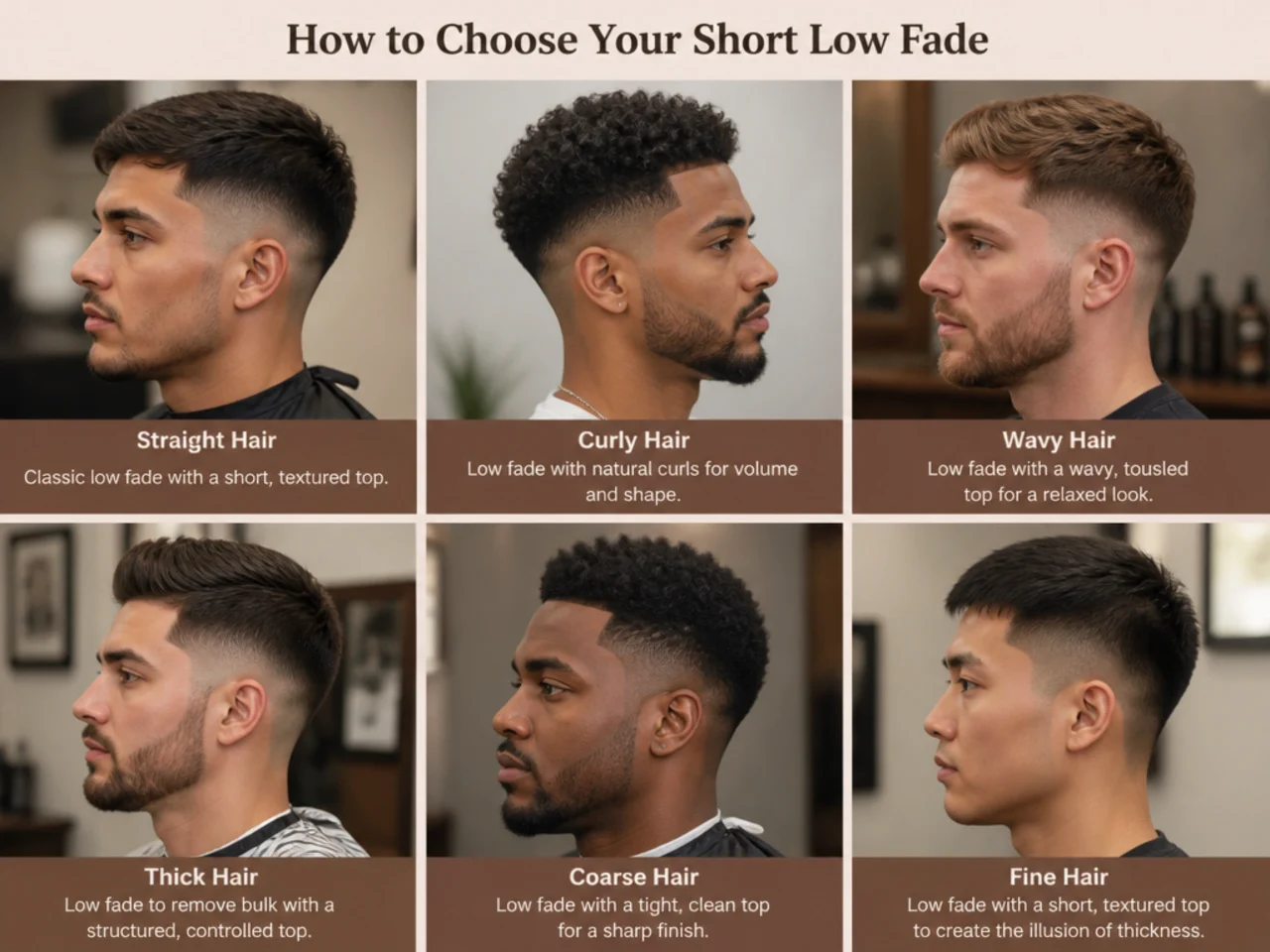 Barber tools and reference photos for choosing a short low fade haircut