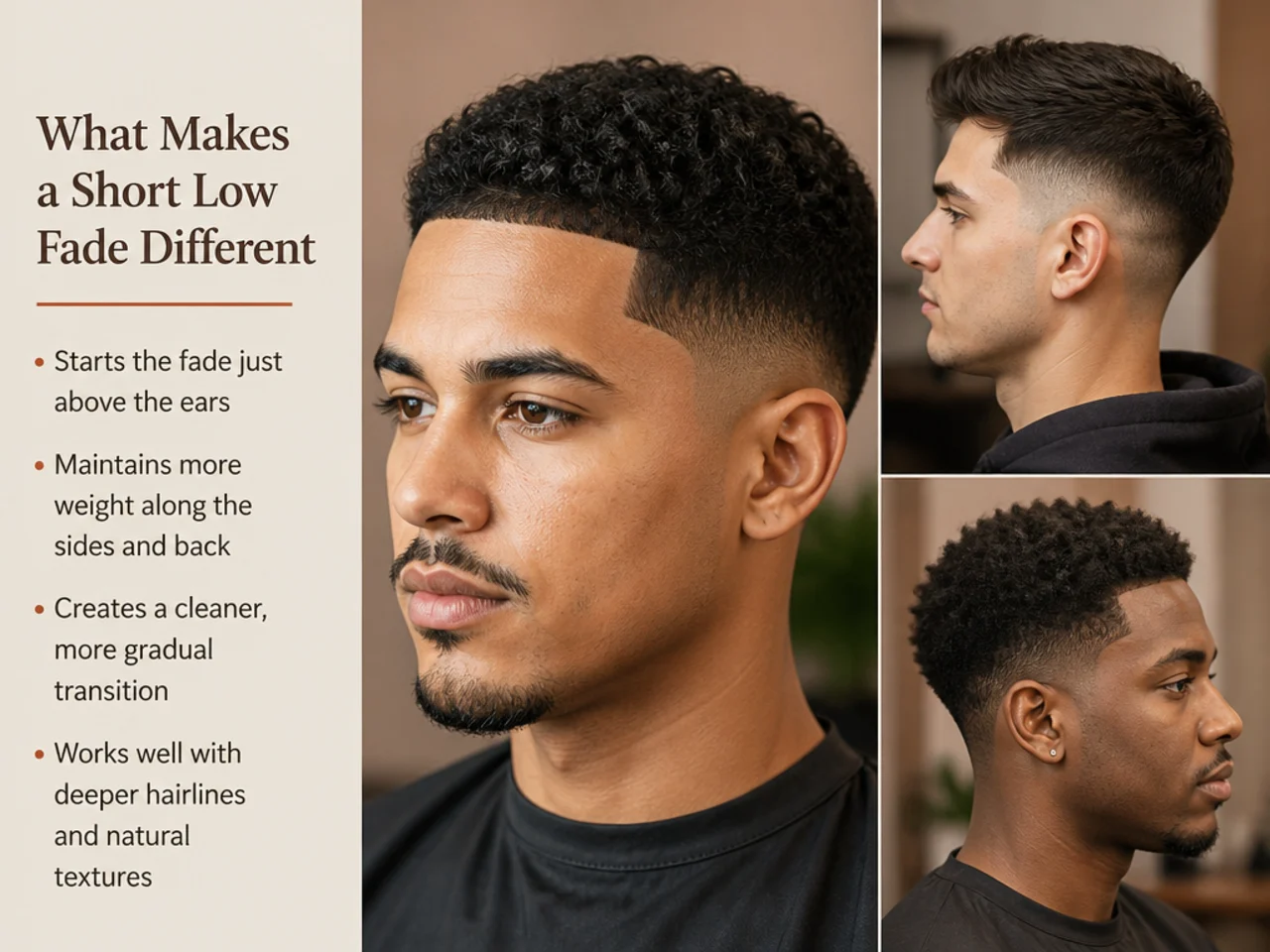 Side profile of a short low fade haircut on a man with a buzzed top