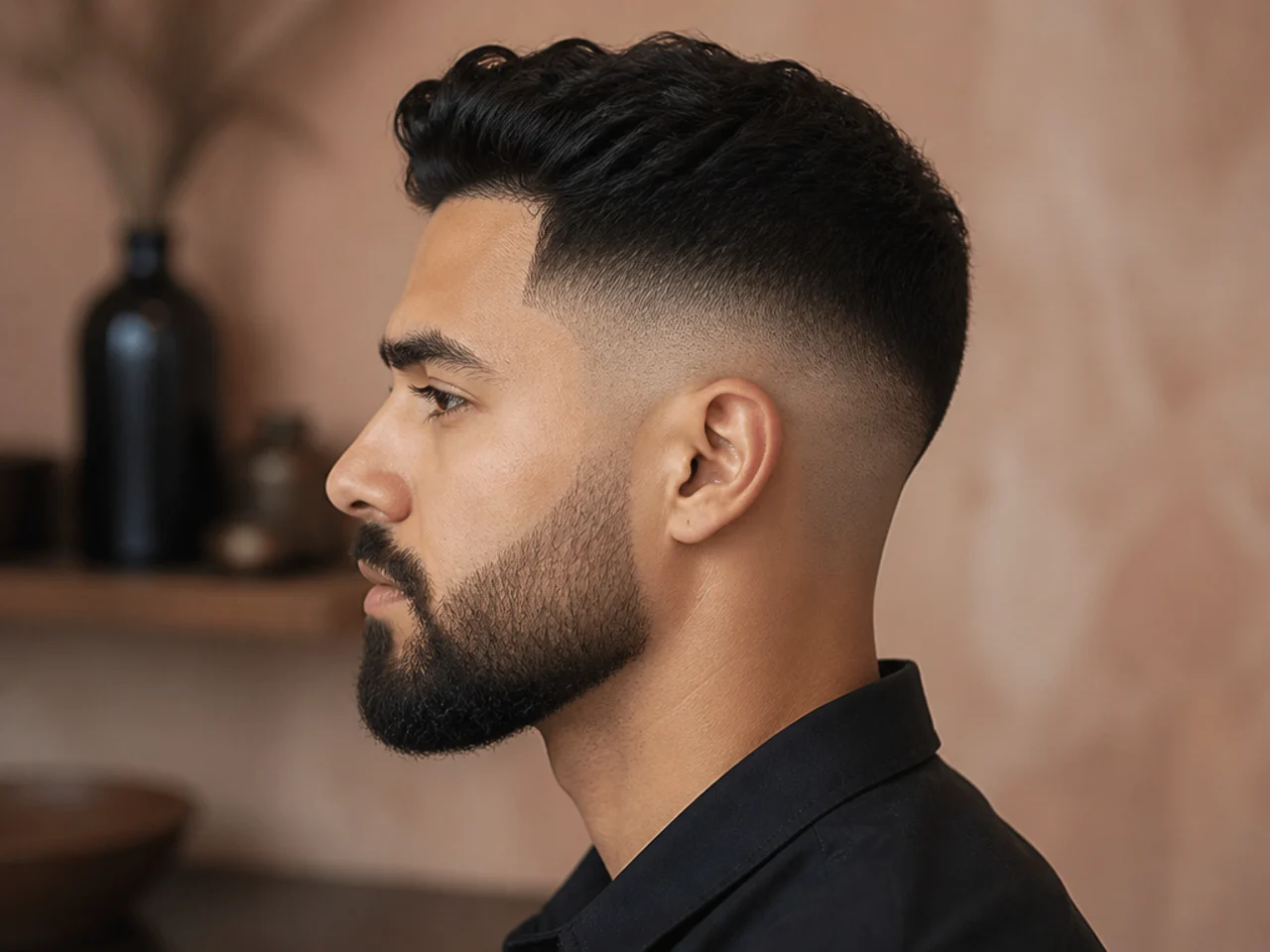 A short haircut worn with a full beard