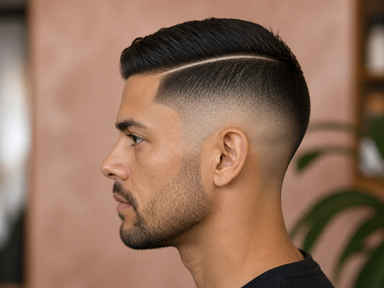 A shaved hard part on short hair