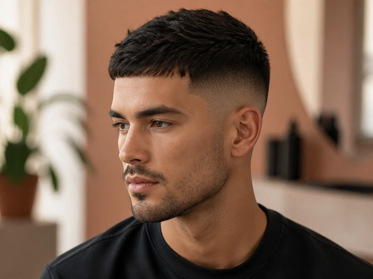 Three-quarter view of a short men's haircut