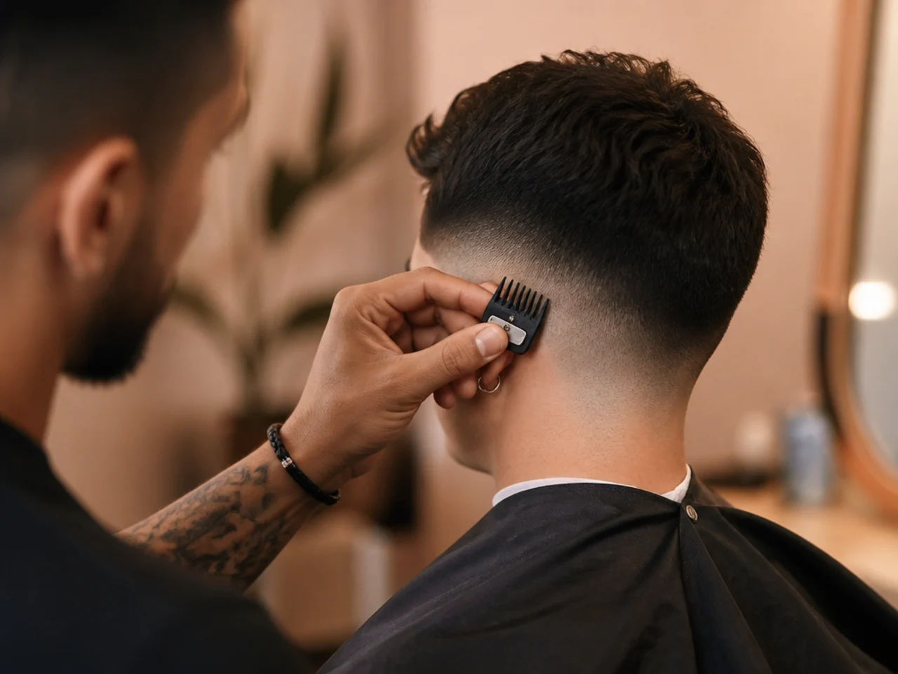 A barber measuring guard length against a client's head
