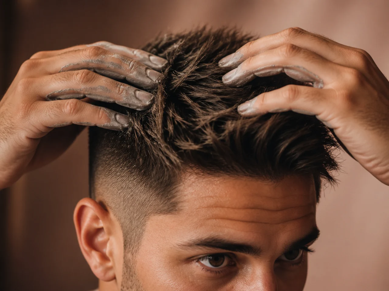 Clay being worked into short hair at the roots