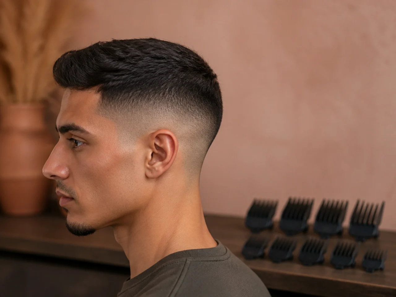 Clipper guards laid out beside a short haircut