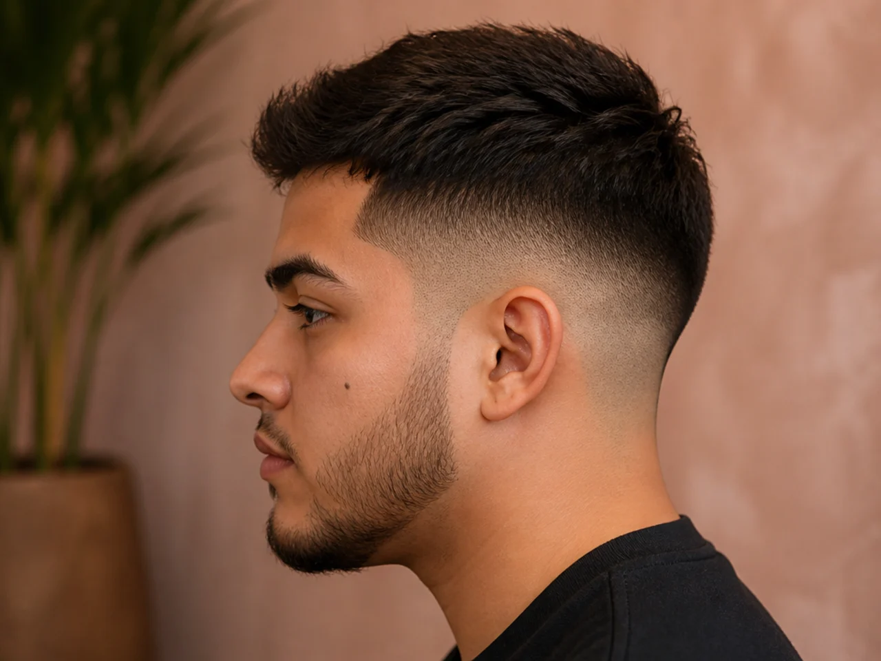 A short mid fade suiting a round face