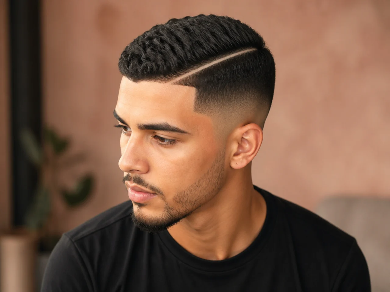 A short mid fade with a hard part