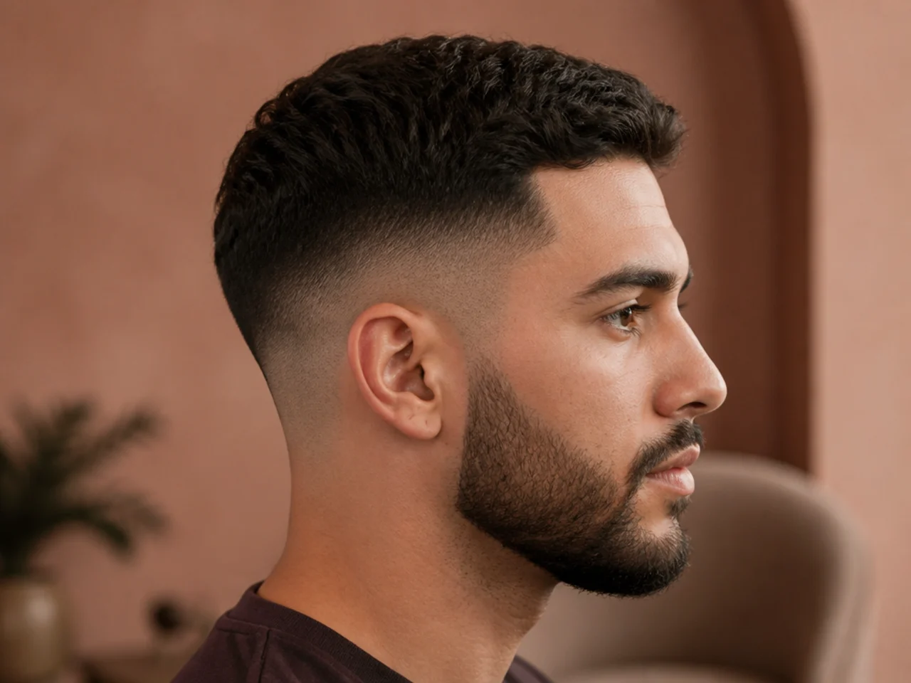 A short mid fade with a beard
