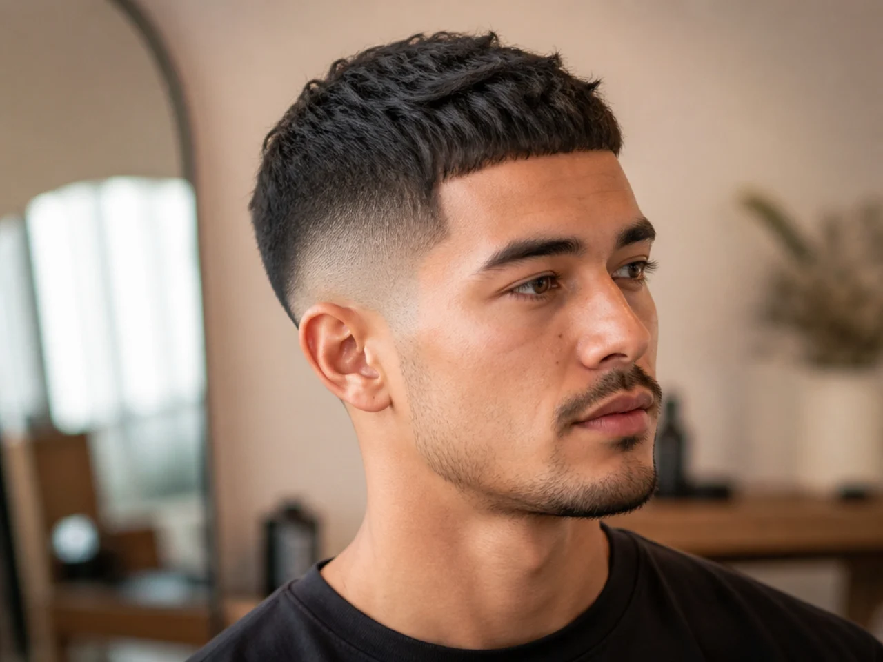 Three-quarter view of a short mid fade