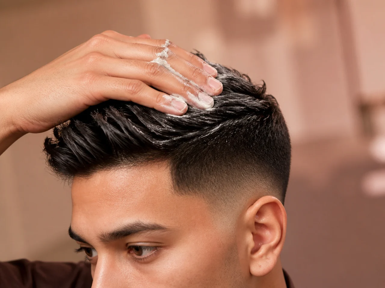 A light paste being worked into a short mid fade top