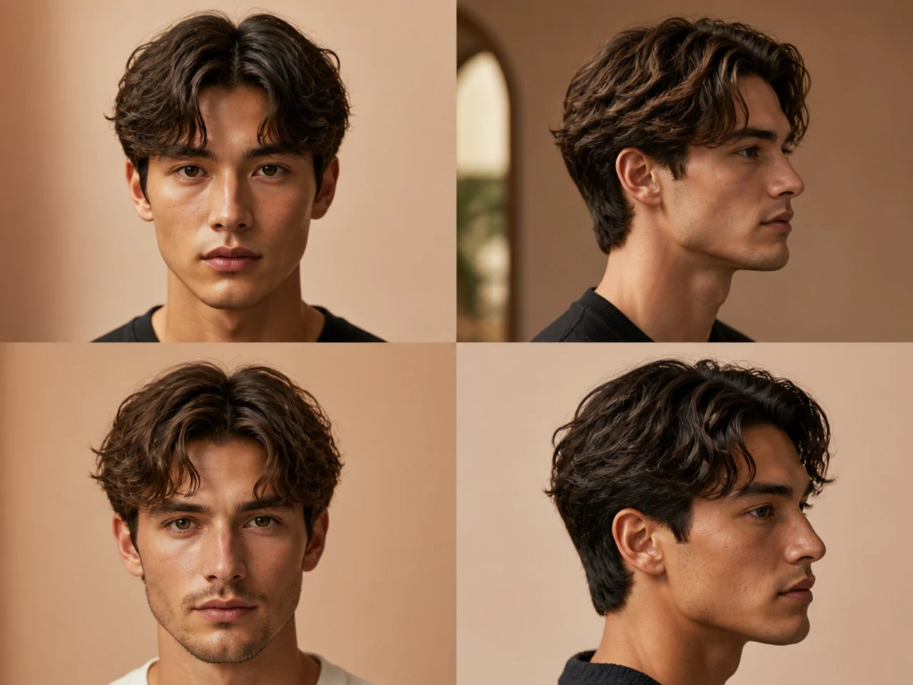 Textured short middle part with heavily point-cut ends on wavy hair