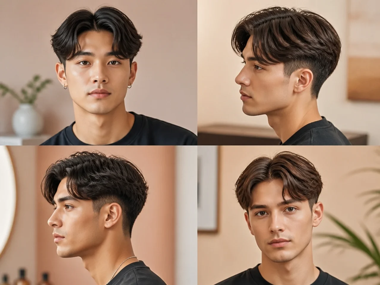 Short two block cut with a middle-parted three-inch top and hidden clippered sides