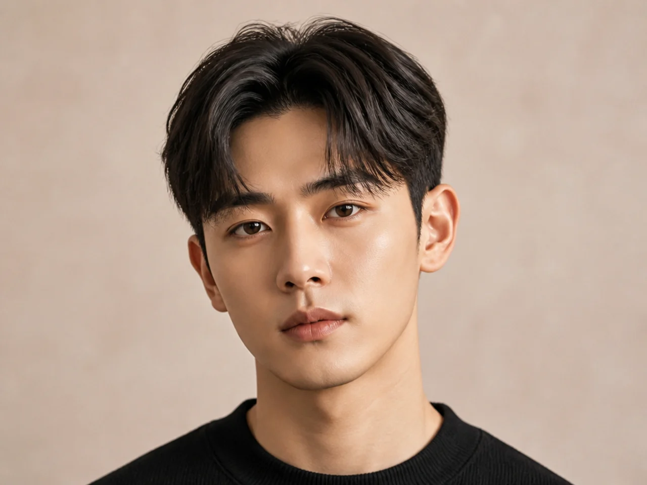 Short Korean-style middle part with three inches of soft top on straight hair