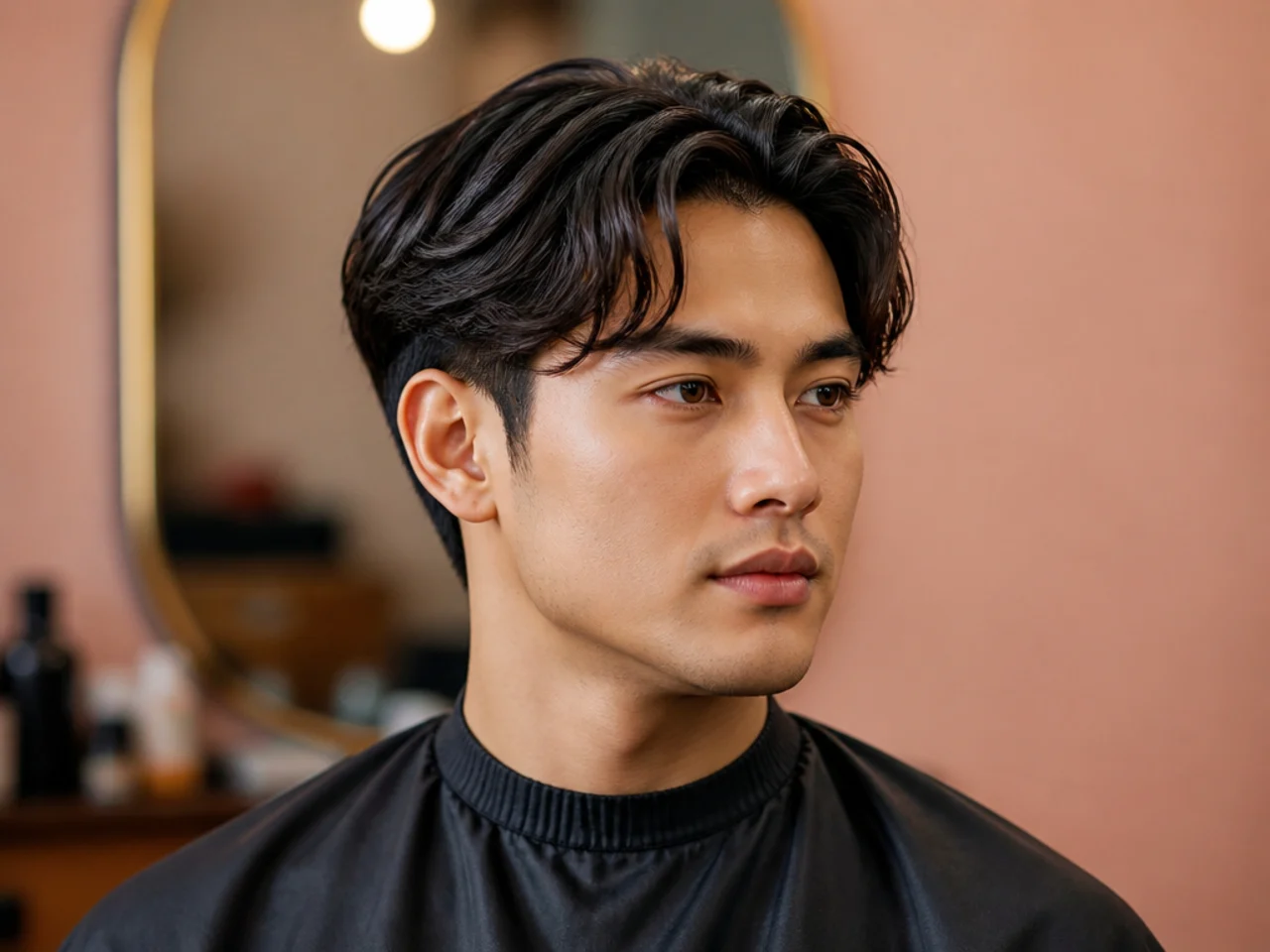 Short comma-style middle part with softly curved fringe pieces on Korean straight hair