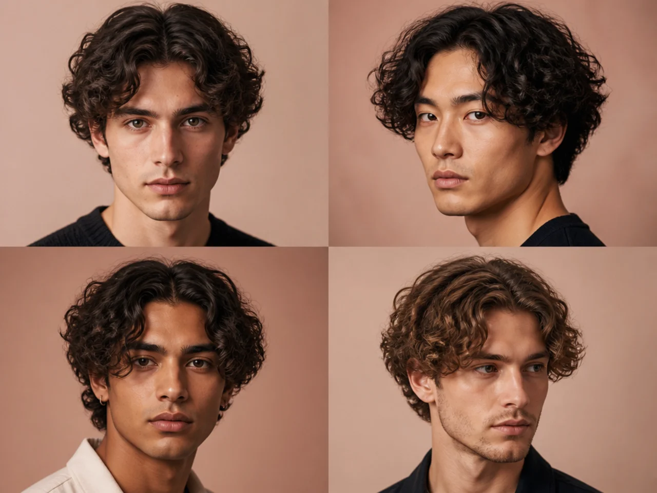 Short curly middle part with defined curls falling into a soft natural split
