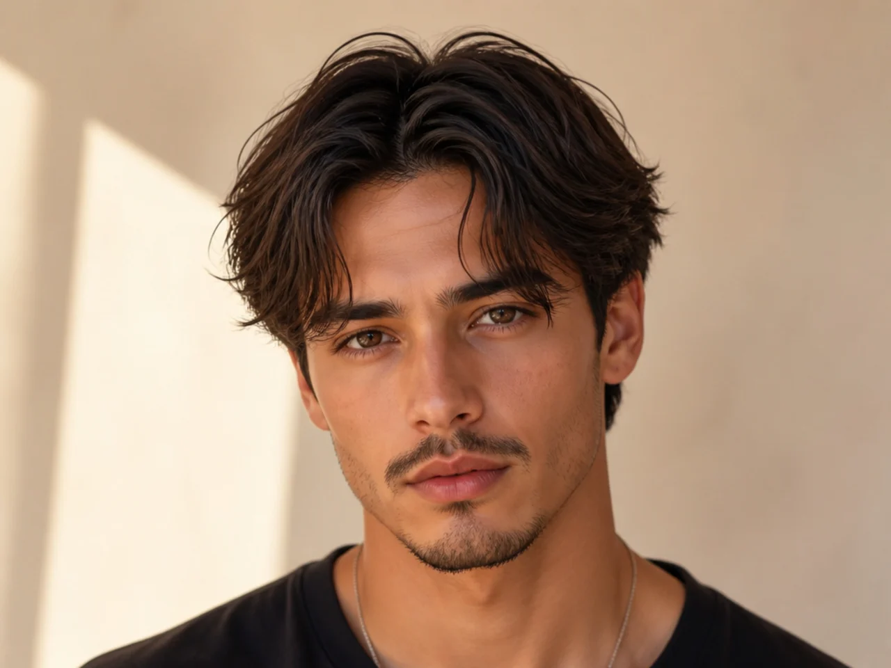 Short messy middle part with deliberately loose center split on wavy hair