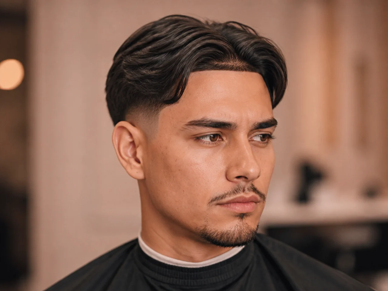 Short middle part with a razor-sharp hairline edge-up and low taper sides